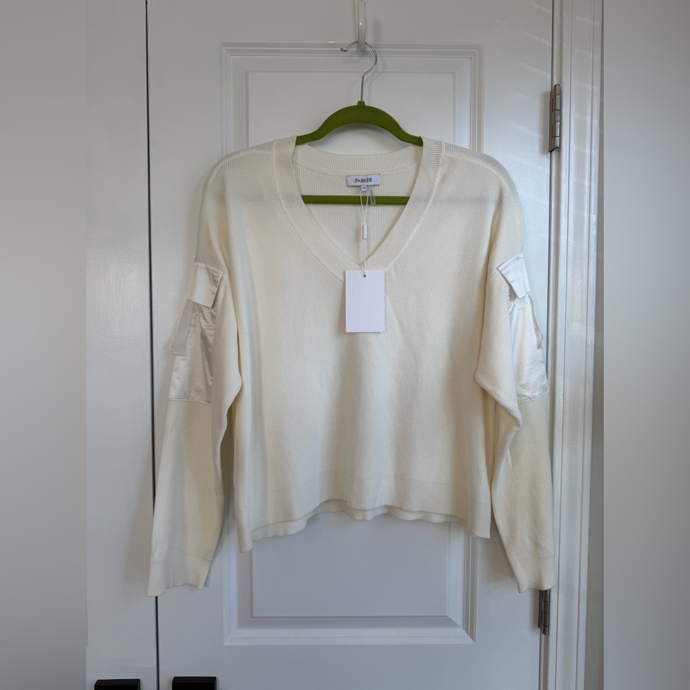 PARKER Women’s Cropped V Neck Cargo Sleeve Pocket Sweater Ivory NWT Size Medium